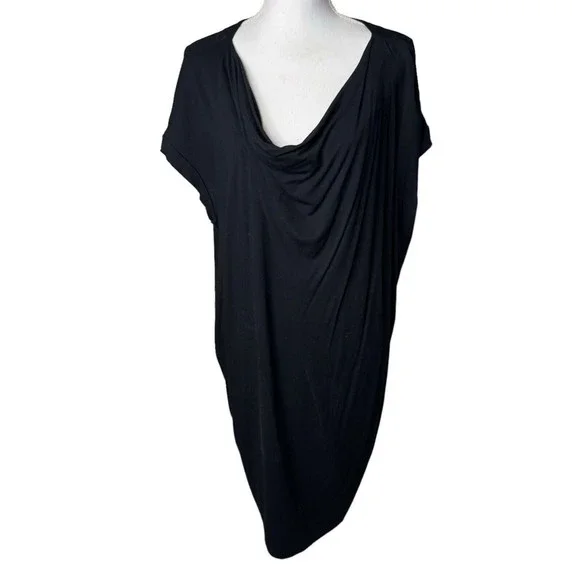 Eileen Fisher Shift Dress Large Black Cowl Neck Short Sleeve Jersey Knit a10 Eileen Fisher Shift Dress Large Black Cowl Neck Short Sleeve Jersey Knit a10